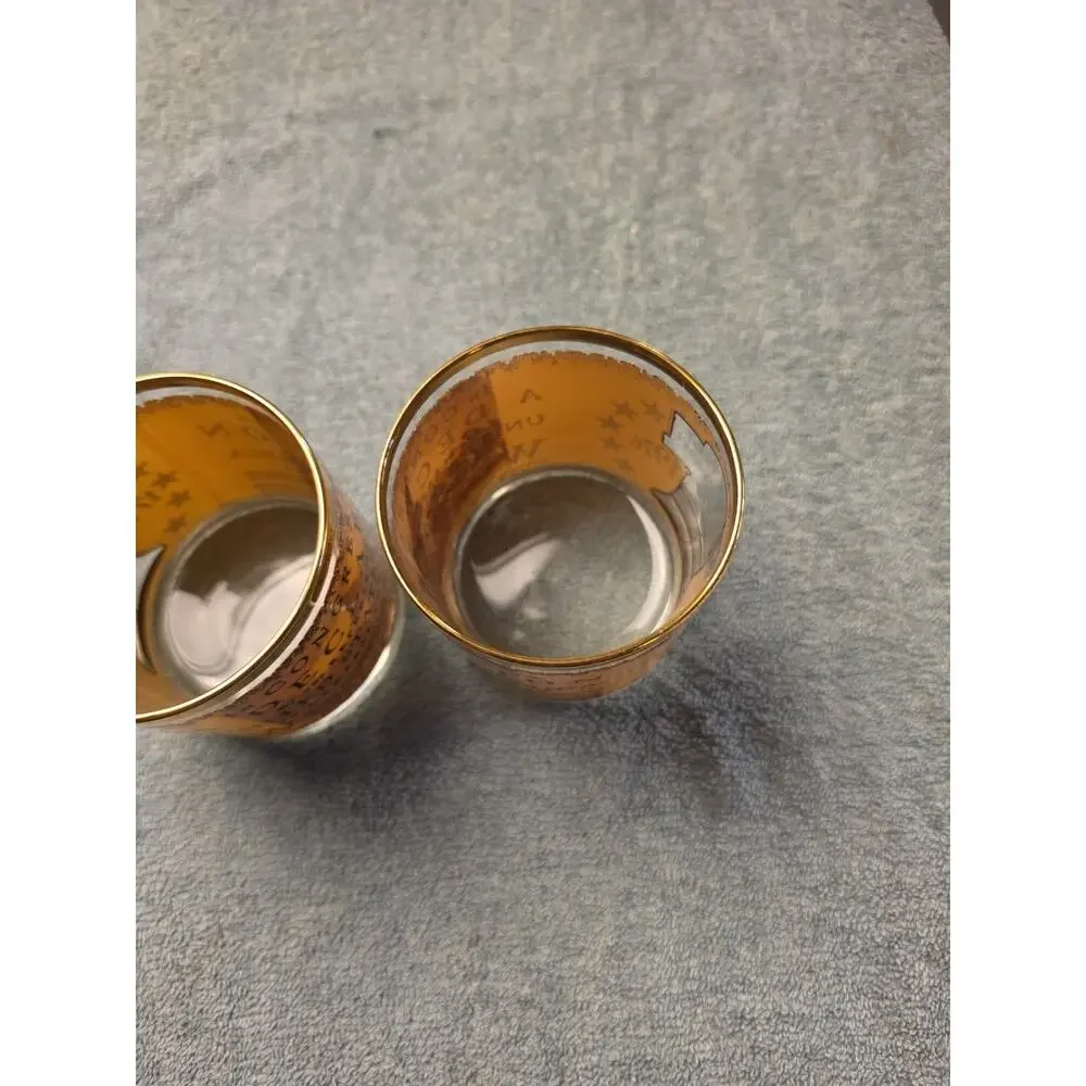 Vintage 1976 Bicentennial Lowball Glasses Pair 1776 Liberty Bell Gold Rim Houze